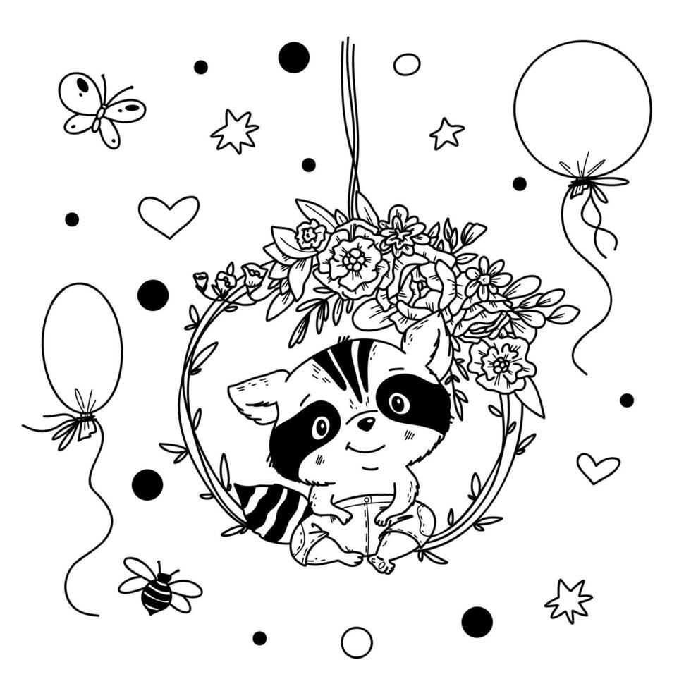 illustration of a cute raccoon in hand-draw doodle style vector