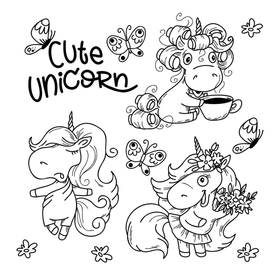 illustration Set of cute pony unicorn in doodle hand drawing style vector