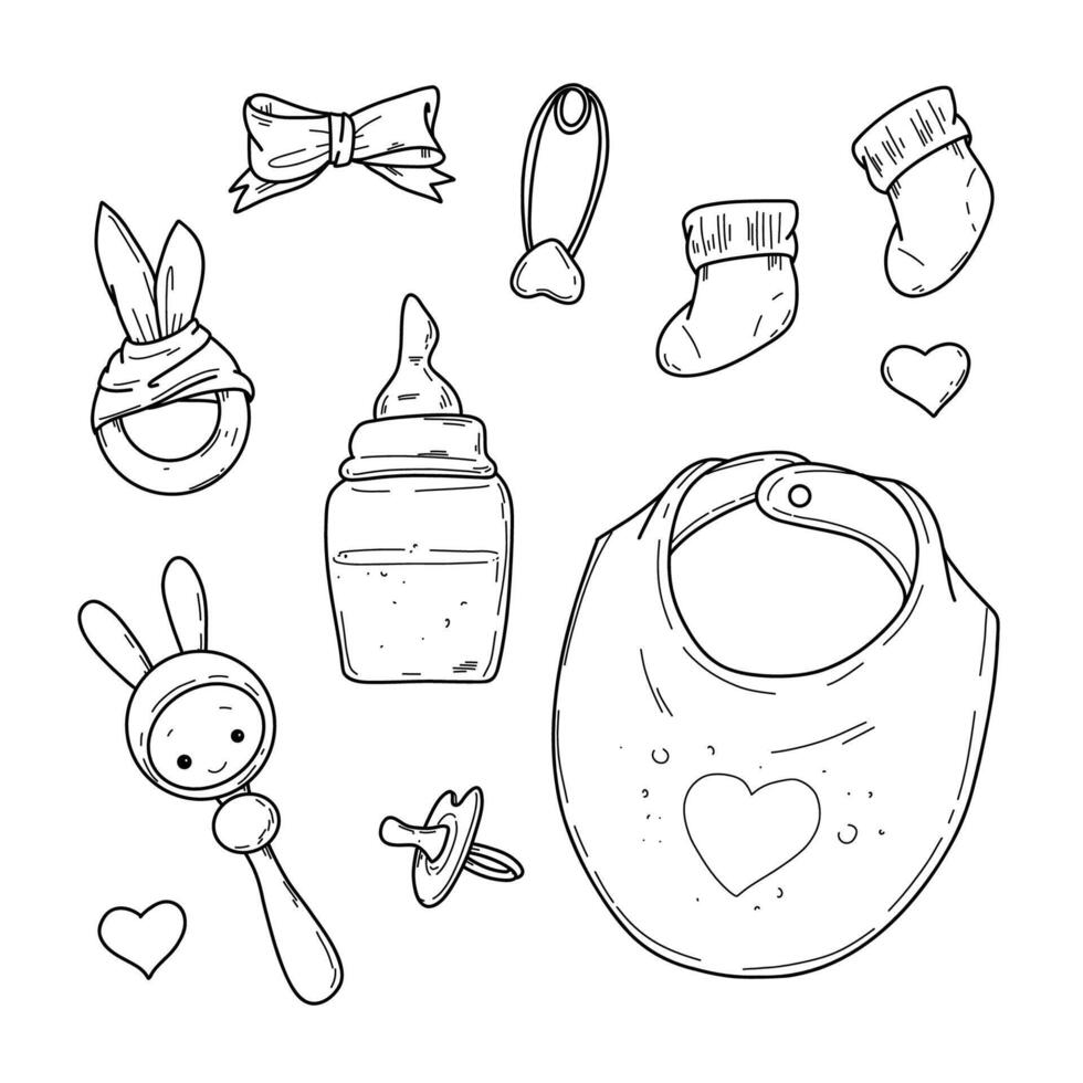 illustration, a set of children s items for a baby in handdraw doodle style. vector