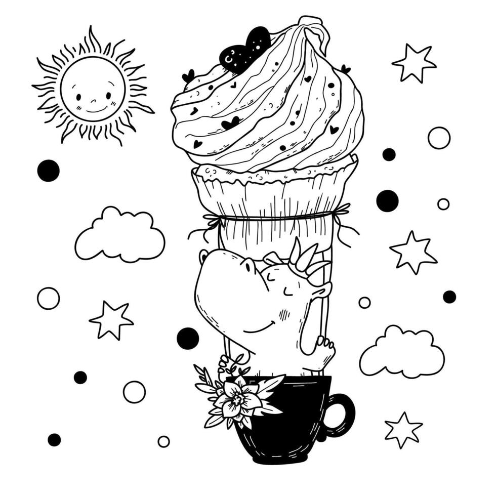 illustration of a hippo on a hot air balloon vector
