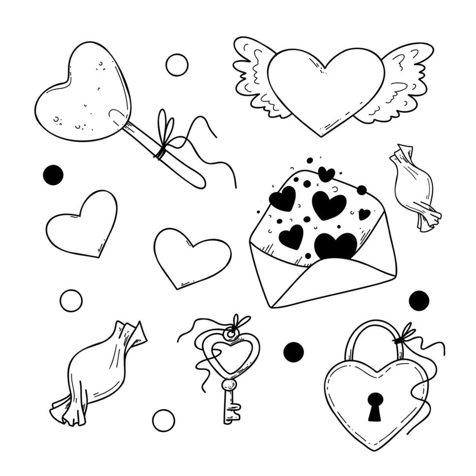 illustration of cartoon elements for Valentine day in doodle style. vector