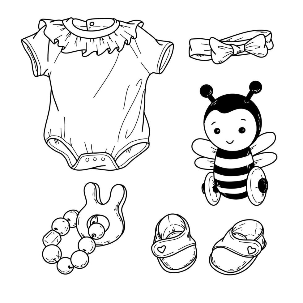 illustration, a set of children s items for a baby in handdraw doodle style. vector
