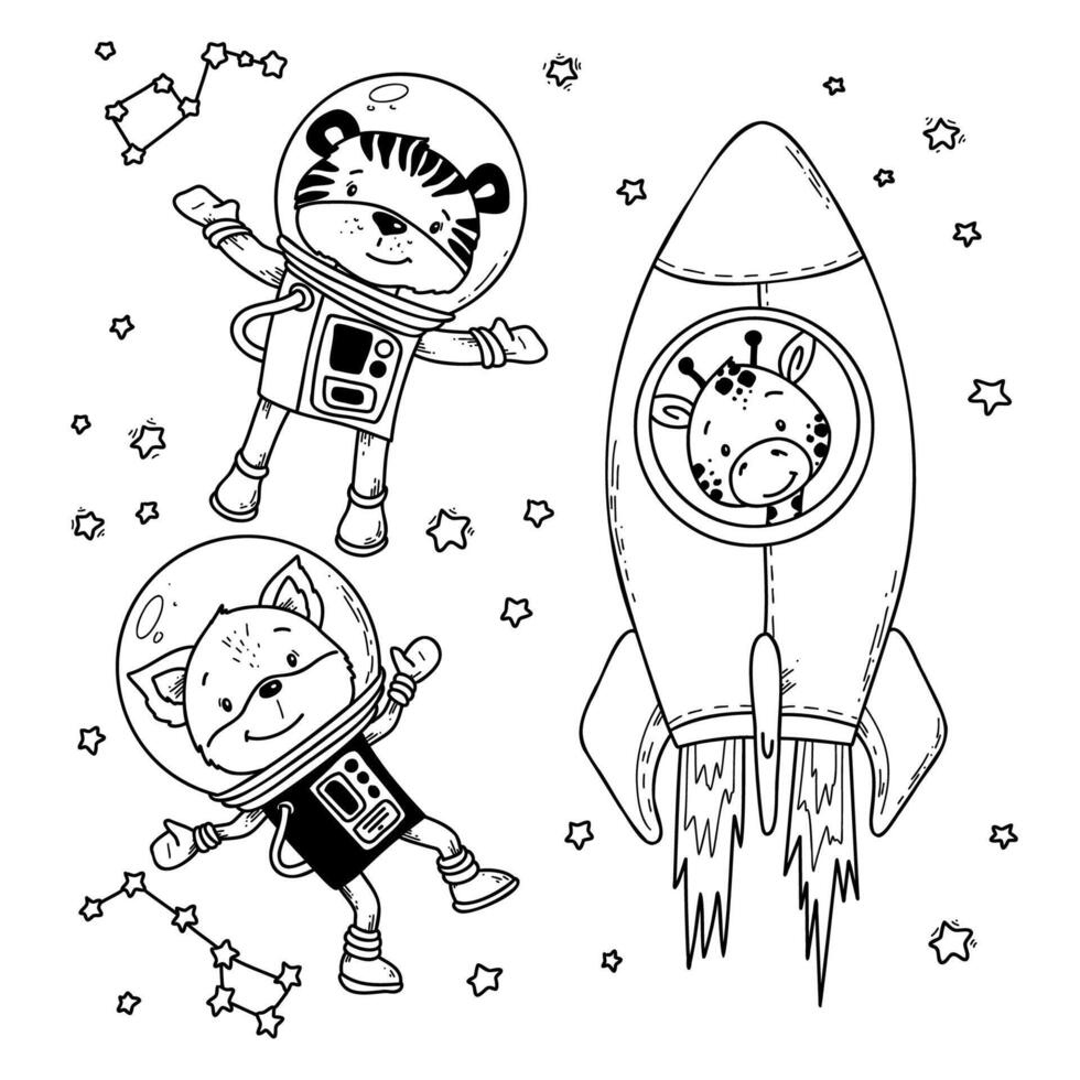 illustration Set of cute animals in space on a rocket in doodle hand drawing style vector