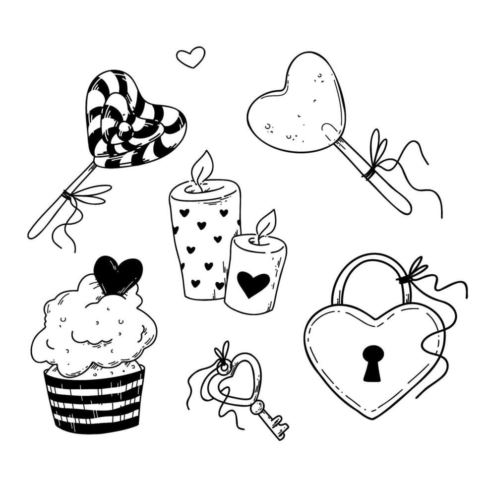 illustration of cartoon elements for Valentine day in doodle style. vector