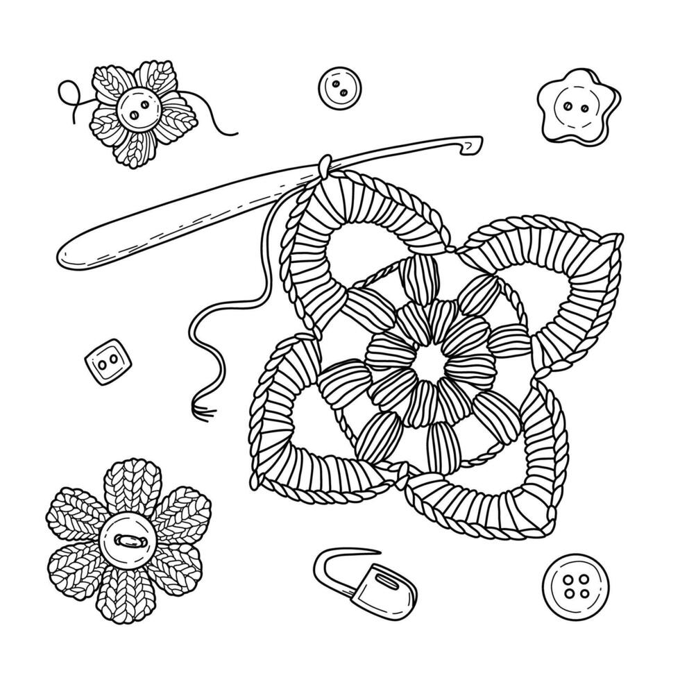 illustration Set of crochet elements in doodle hand drawing style. vector