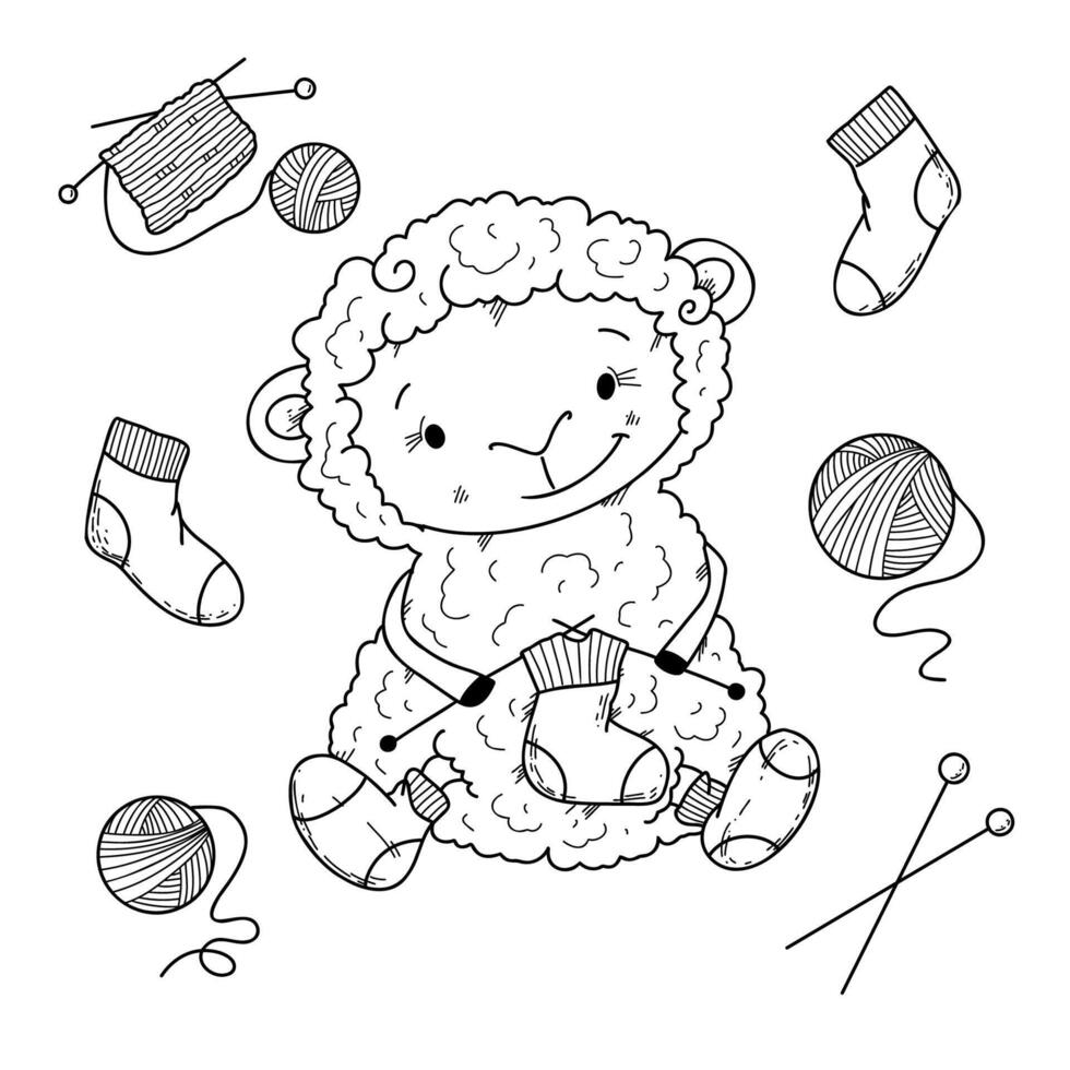 illustration Set of crochet elements in doodle hand drawing style vector