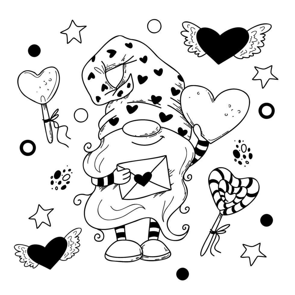 illustration of cartoon gnome for Valentine day in doodle style. vector