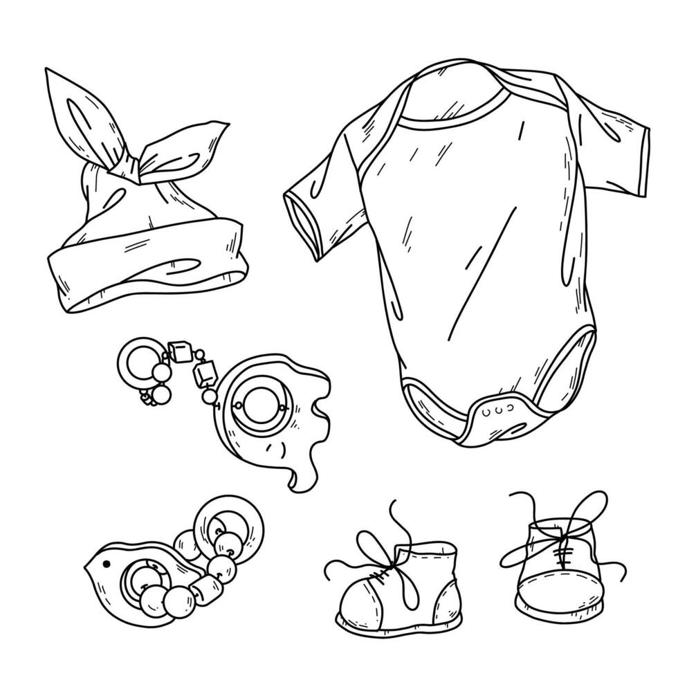 illustration, a set of children s items for a baby in handdraw doodle style. vector