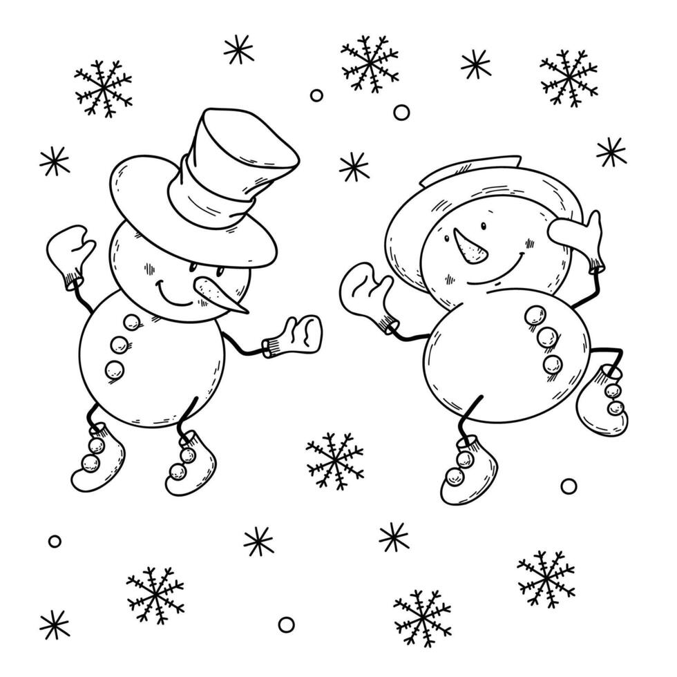 illustration of cute Christmas snowmen in doodle hand drawing style vector