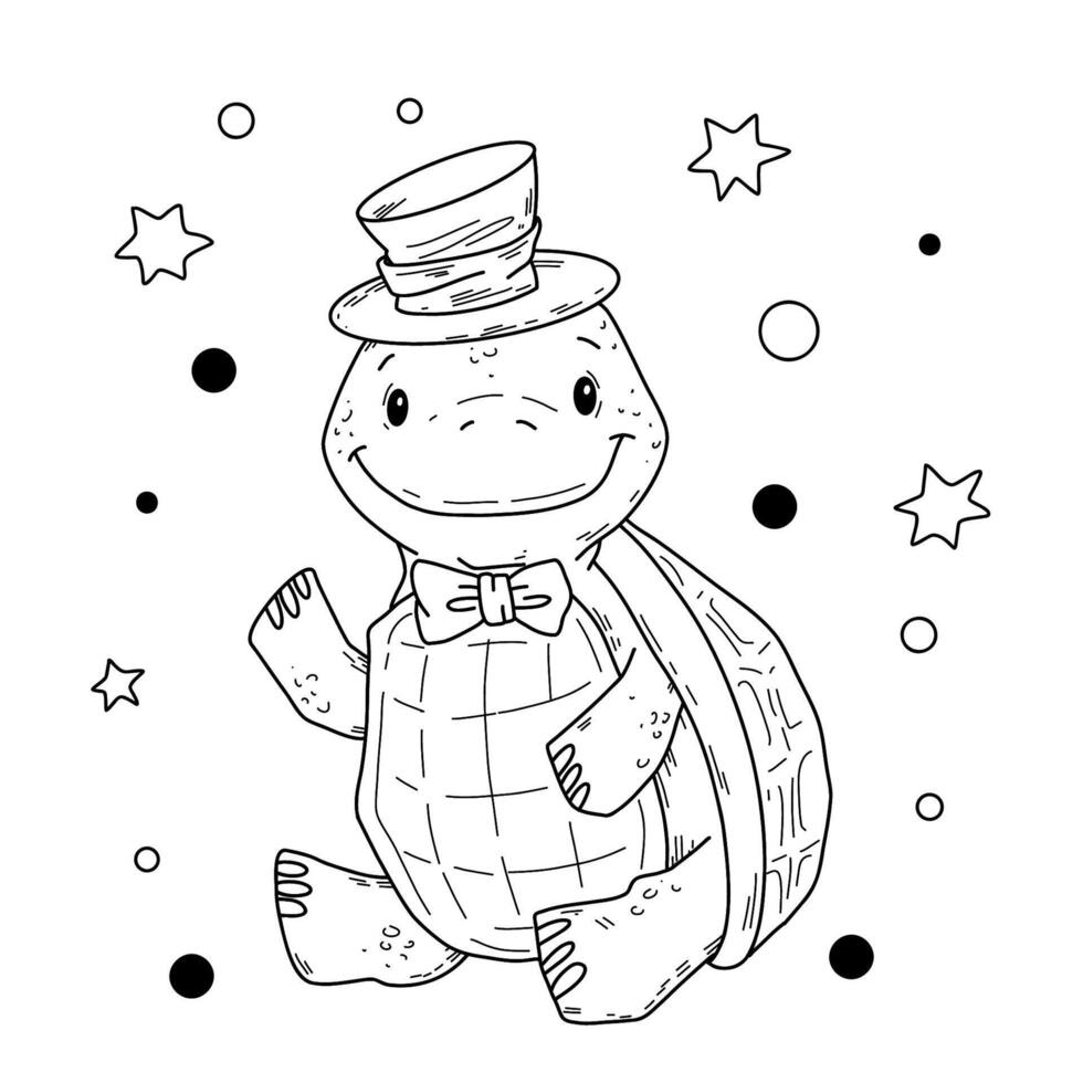 illustration of a cute turtle in a hat in doodle style hand draw. vector