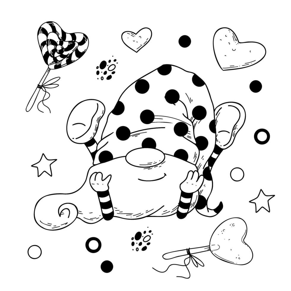 illustration of cartoon gnome for Valentine day in doodle style. vector