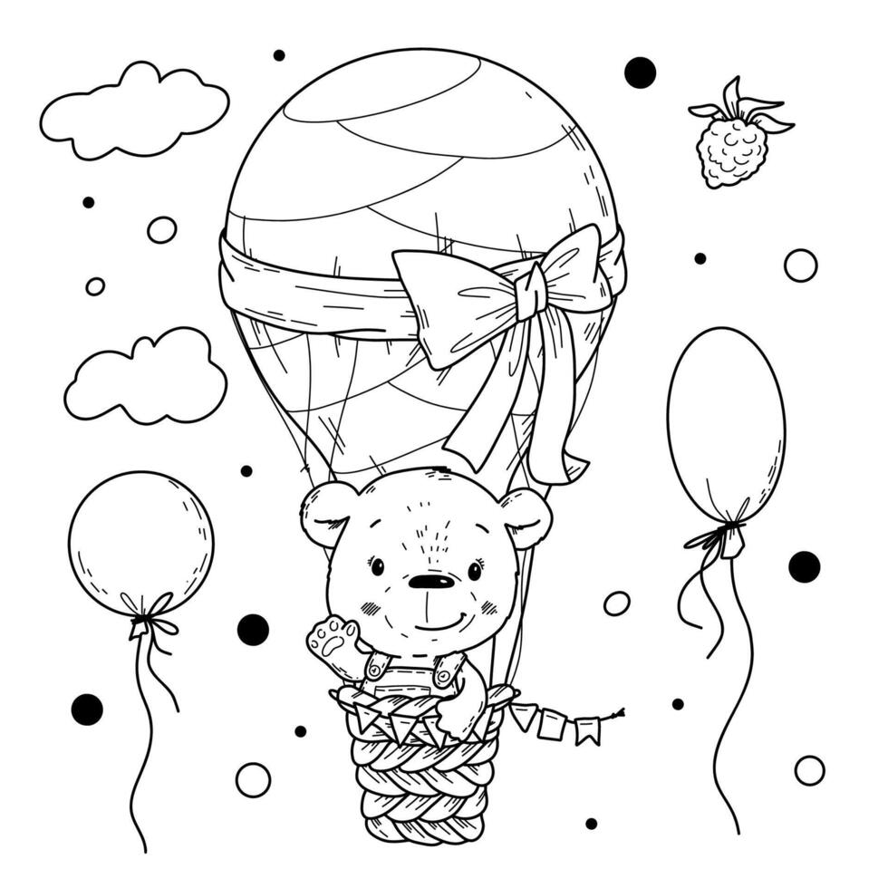 illustration of a cute bear in a hot air balloon in doodle handdraw style. vector