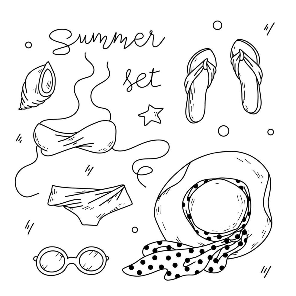 illustration of summer items. Hat, flip flops and swimsuit. vector