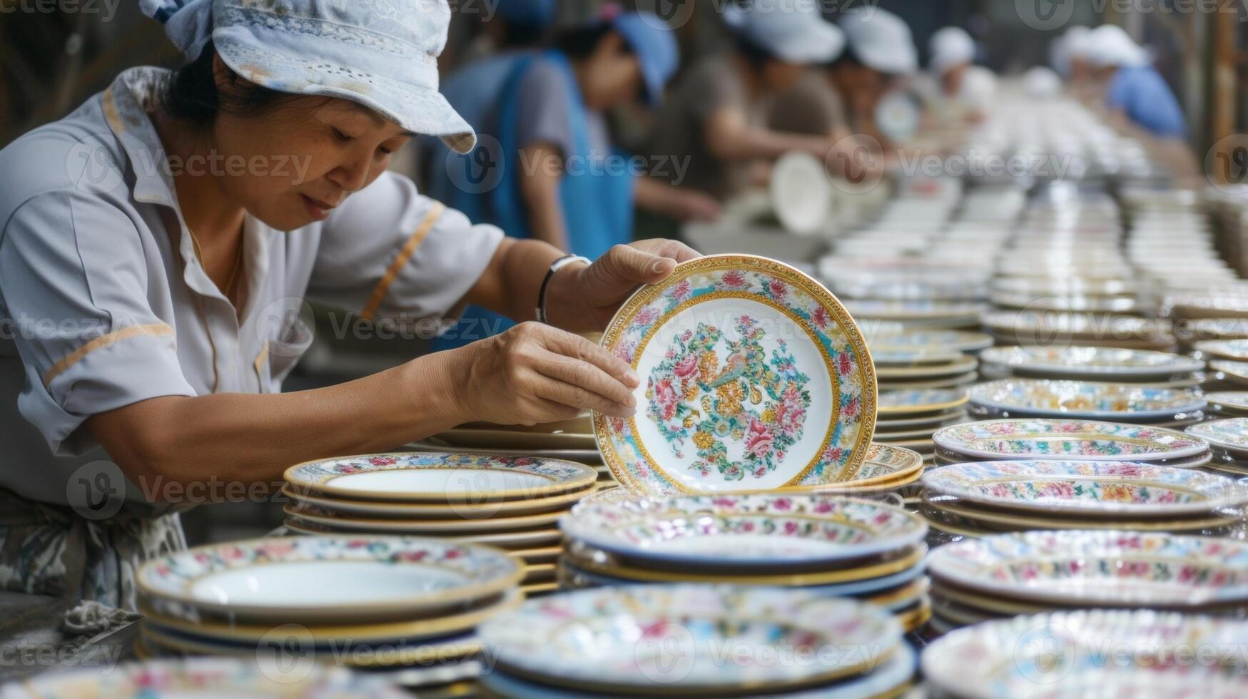 An image of workers in a microfactory carefully handpainting intricate details onto customized ceramic dinnerware photo