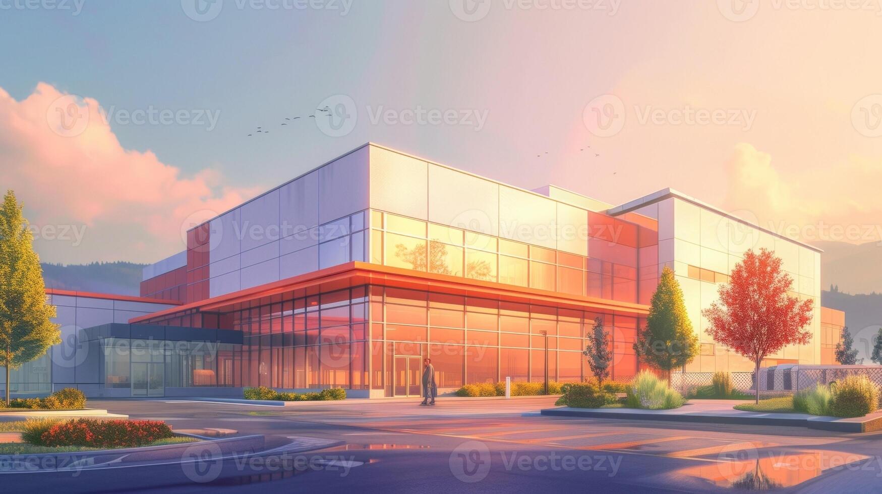The exterior of a sustainable localized manufacturing facility showcases a sleek and minimalist design utilizing renewable energy sources and ecofriendly materials to suppor photo