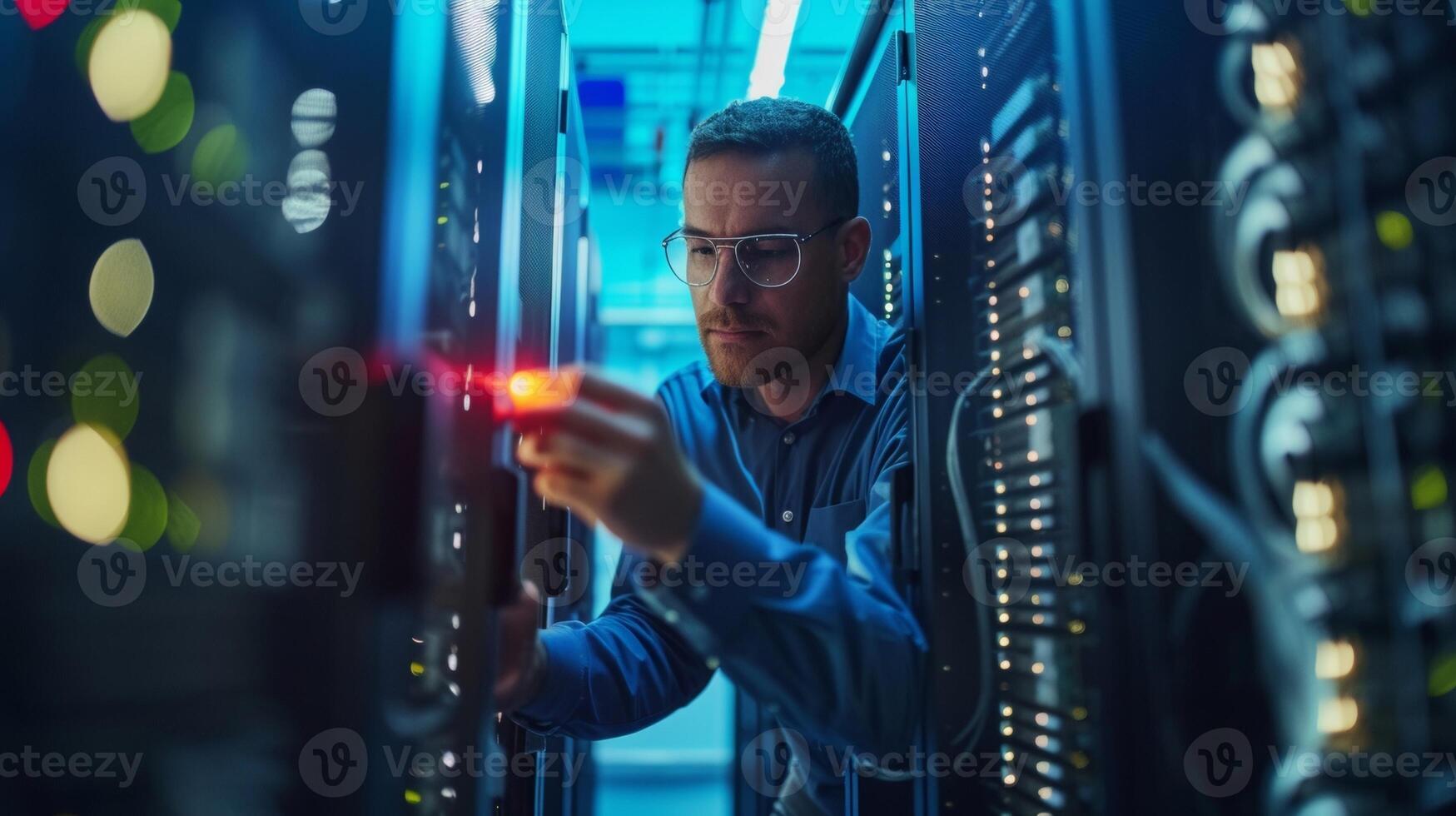 A worker carefully inspects and upgrades the firewalls and encryption systems that safeguard the companys data against cyber attacks photo