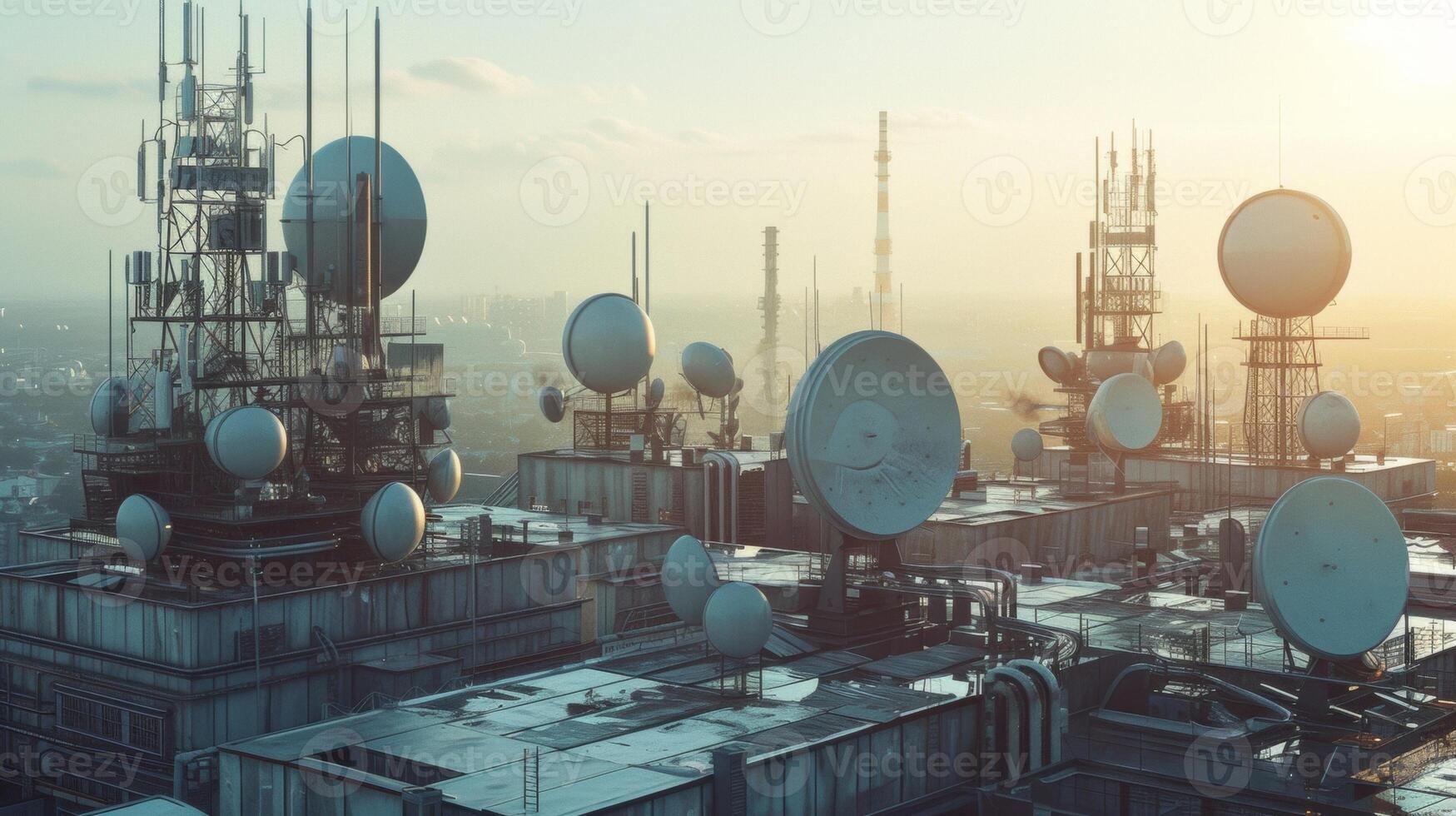 An intriguing aerial view of the factorys rooftop showcasing numerous 5G antennas and satellite dishes used for seamless communication and realtime data tracking photo
