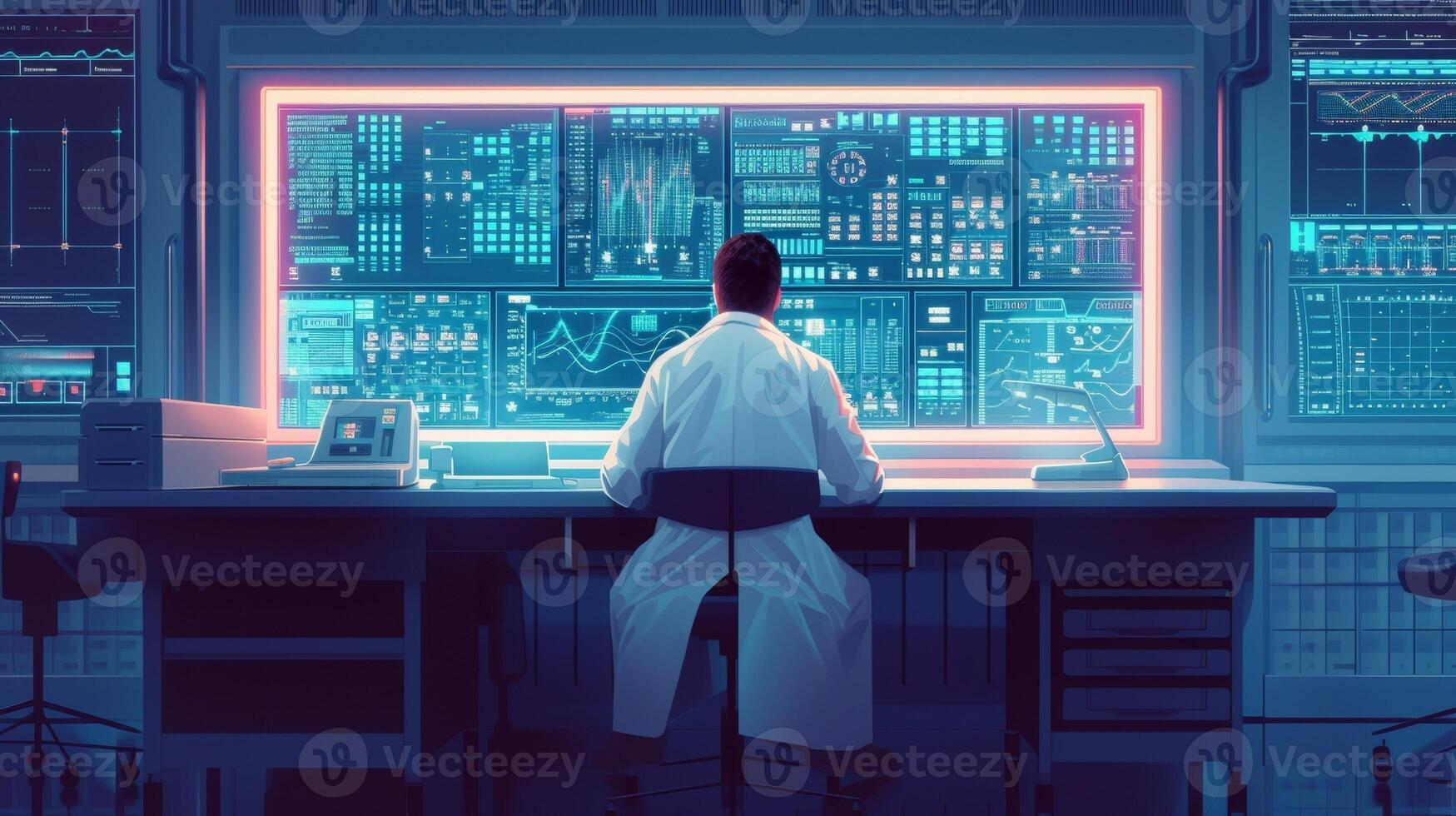 A technician in a sterile lab coat sits at a large futuristiclooking control panel monitoring the flow of information from different sources photo
