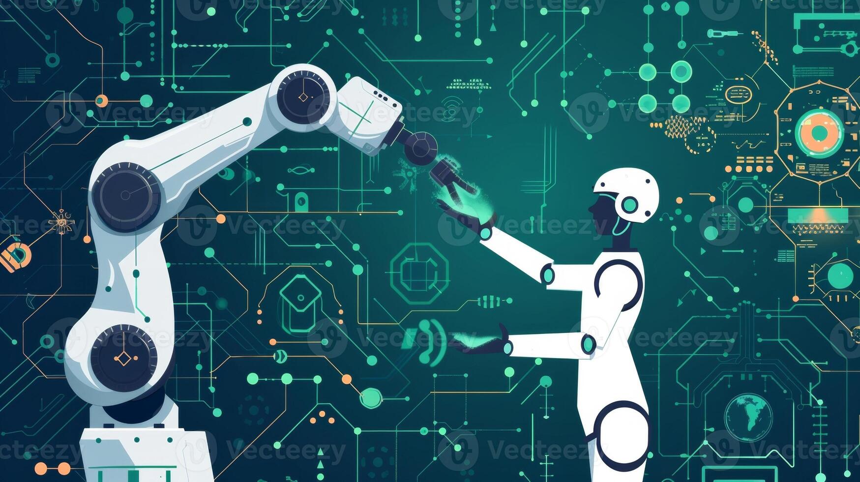 Closeup of a robotic arm and human worker collaborating on a task symbolizing the humantechnology partnership in the age of digital transformation photo