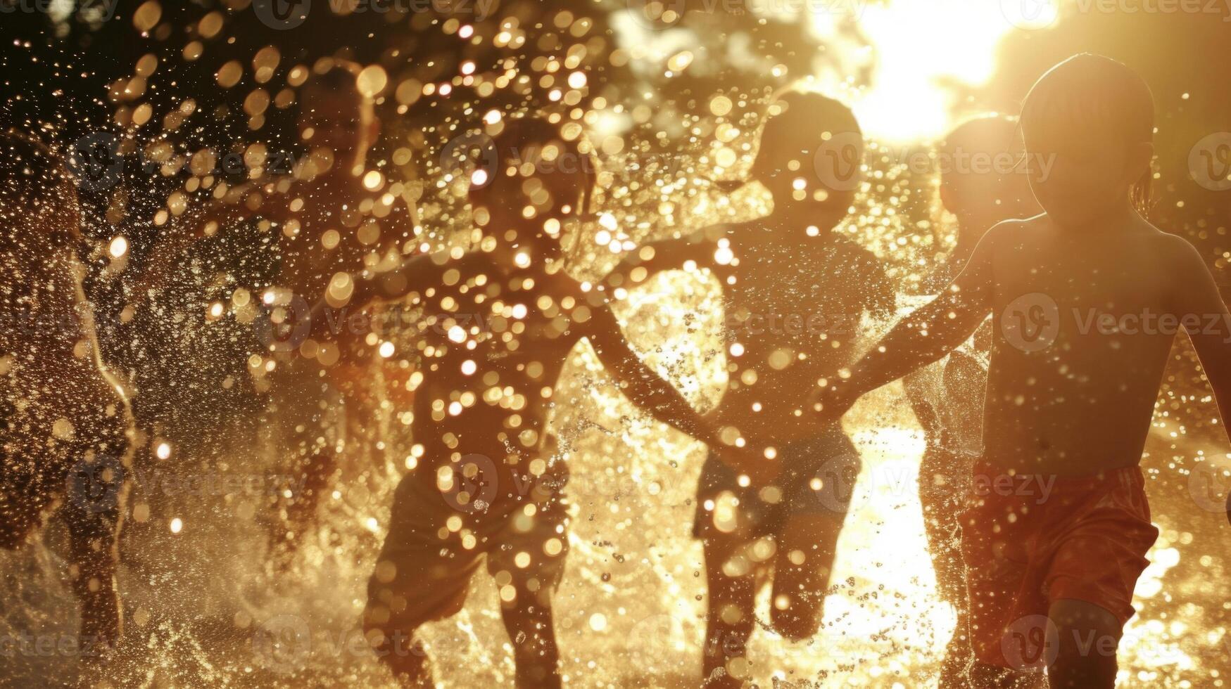 A group of kids playing with a water hose the suns rays reflecting off the water droplets creating a sparkling effect photo