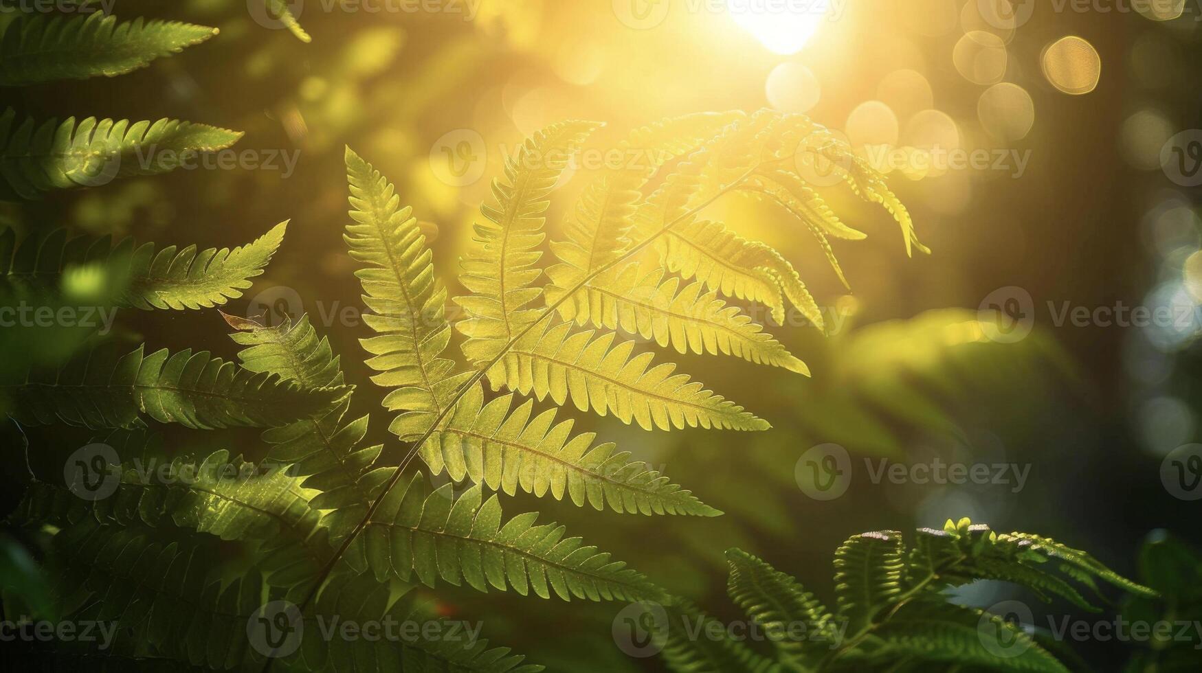 Sun rays peeking through the leaves of a fern creating a mesmerizing pattern of light and shadow photo