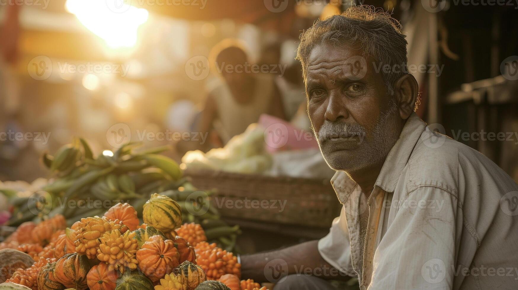 A busy vendor tending to his stall his face lit up by the suns golden rays photo