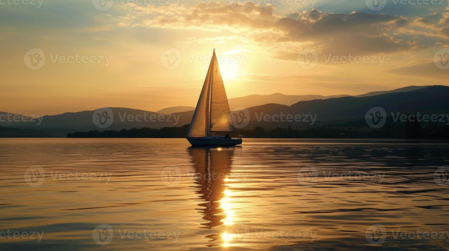 The silhouette of a lone sailboat on a calm lake with the sun setting behind a distant range of hills photo