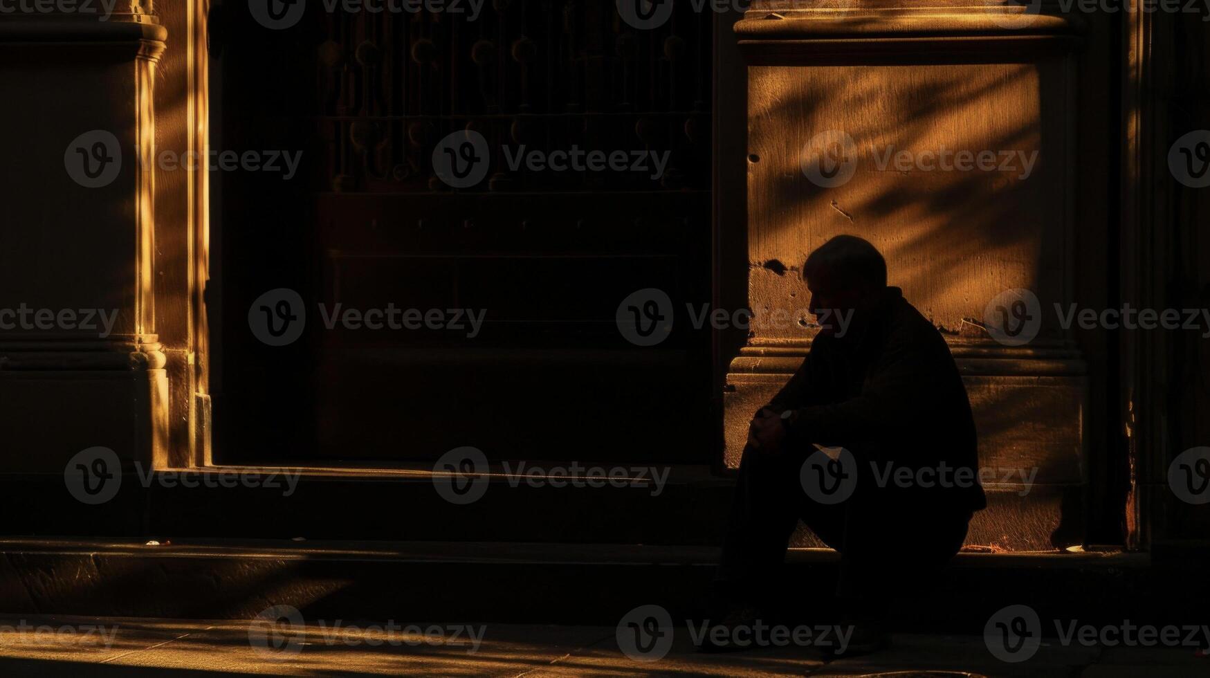 A man sitting on a stoop the shadows of ping cars intermittently covering him in darkness photo