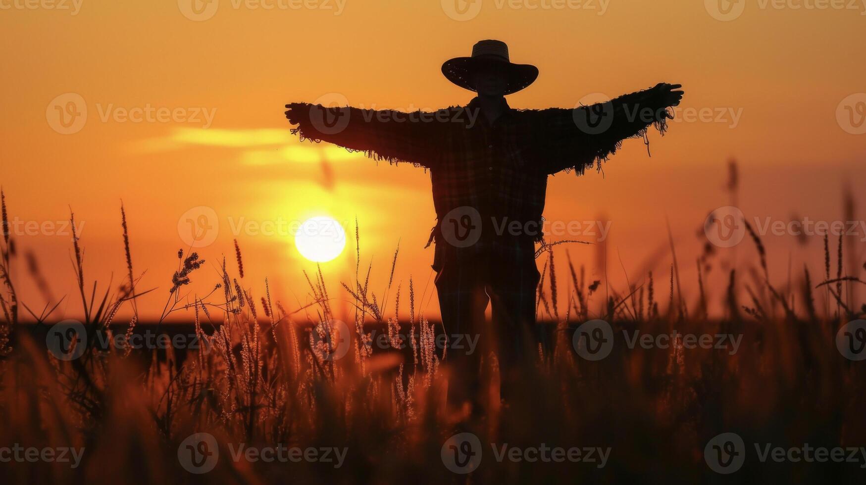 A lone scarecrow stands tall against the fading light of the sunset its silhouette blending in with the quiet countryside photo