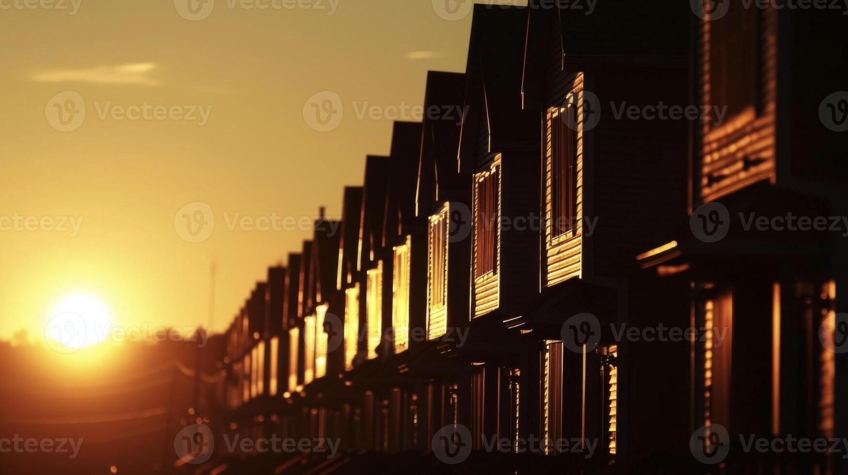 A row of rowhouses creates a striking silhouette as the sun sets behind them photo