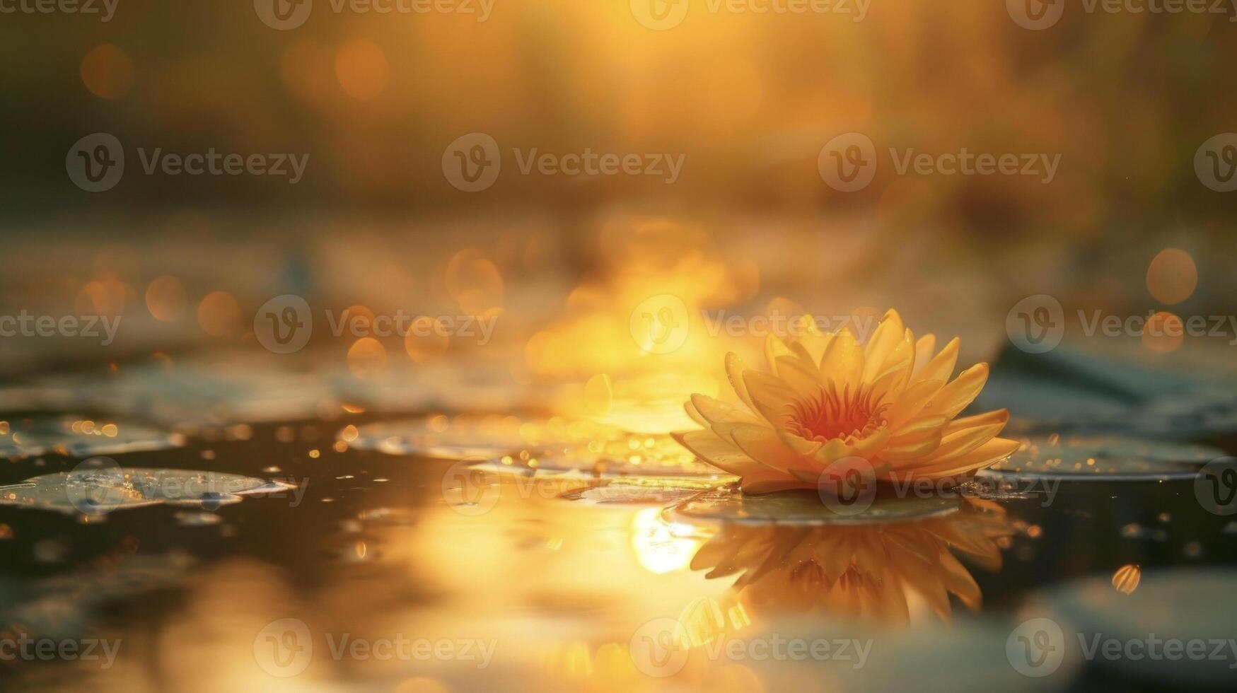 A shallow pond mirroring the vibrant oranges and yellows of the sunset with a lone flower floating peacefully on the surface photo