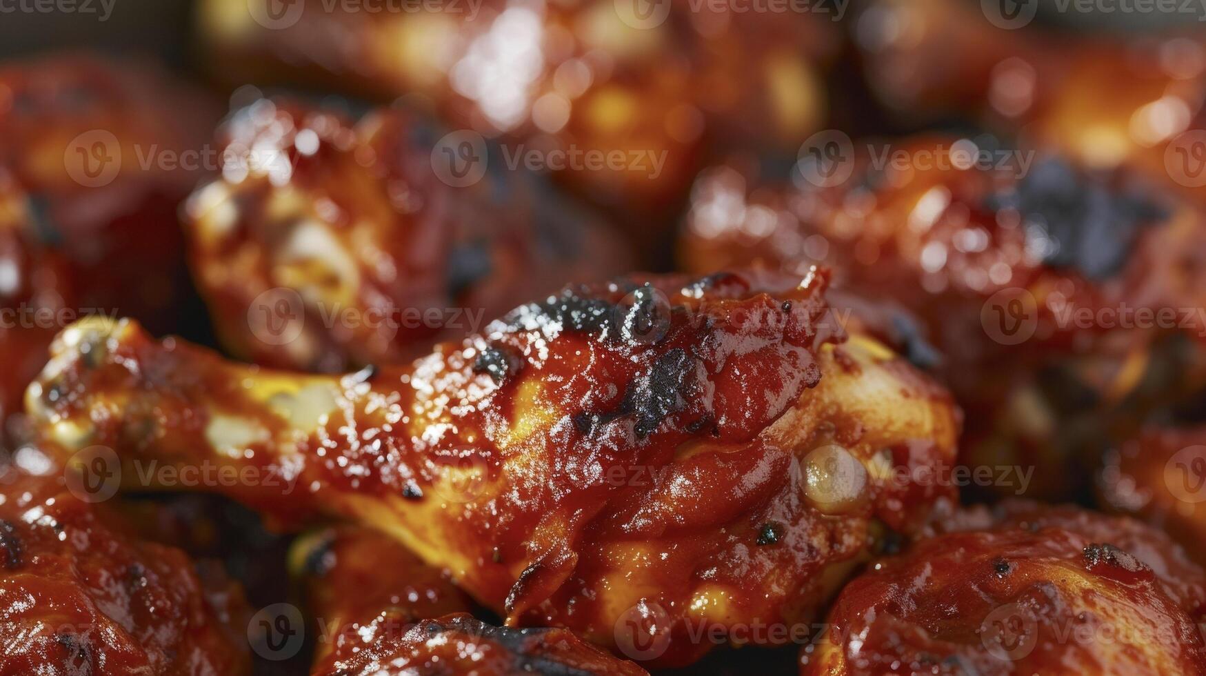 A closeup shot of tender BBQ chicken its juicy meat falling off the bone coated in a fiery red marinade and topped with charred bits of caramelized onions photo