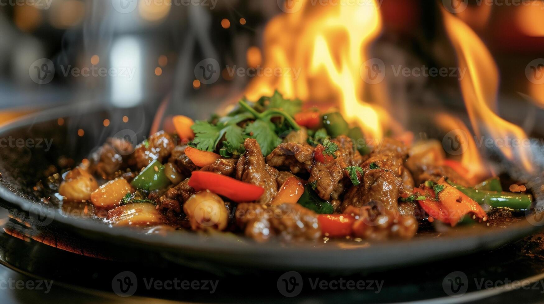 A sizzling plate of y Thai curry adorned with tender slices of beef and a rainbow of vegetables all coated in a vibrant and fiery sauce. The e level is sure to make you brea photo