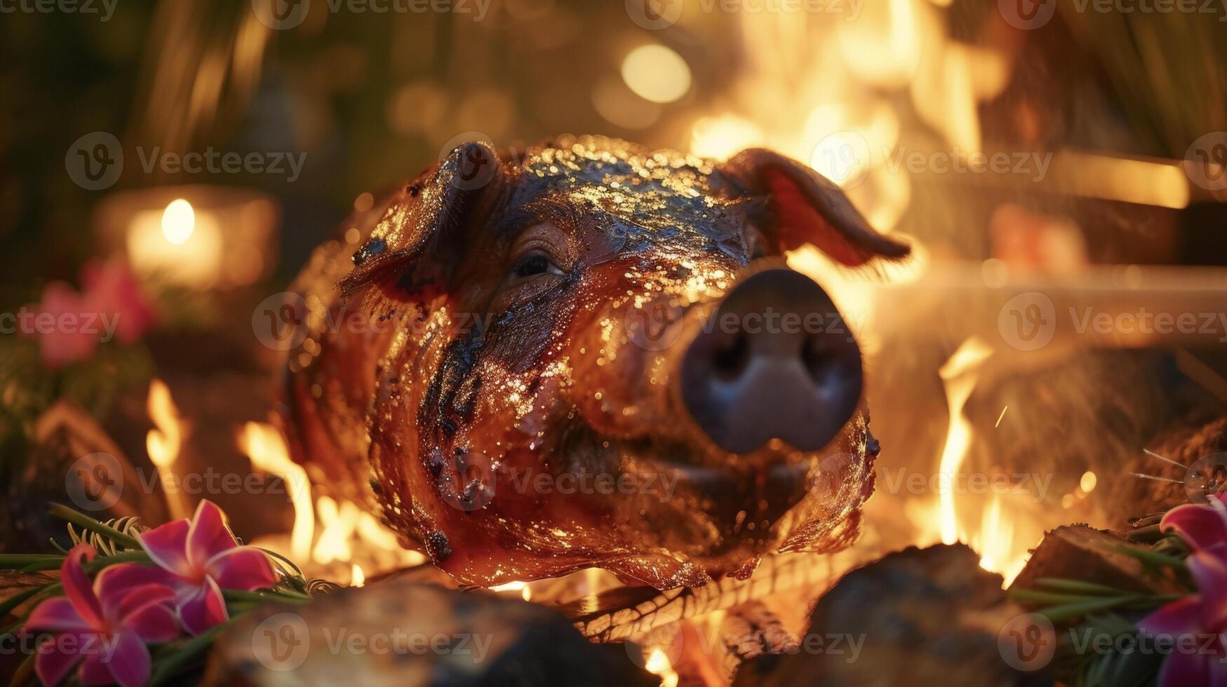 Amidst the warm glow of a roaring fire a gorgeously glazed pig takes center stage at the Hawaiian Luau Pig Roast. The crispy caramelized skin is a feast for the eyes and th photo