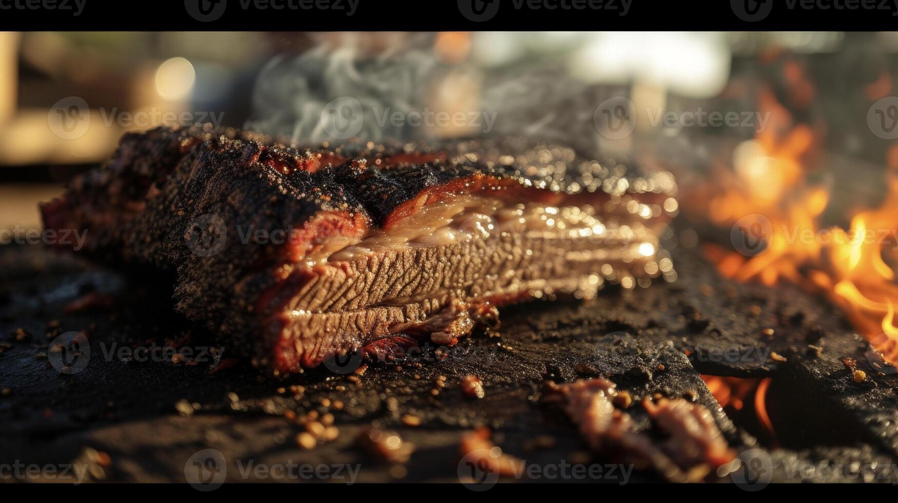 The pit master carefully tends to a slab of brisket expertly smoking it for hours until it reaches meltinyourmouth tenderness. Its journey from the pit to the plate ends wit photo