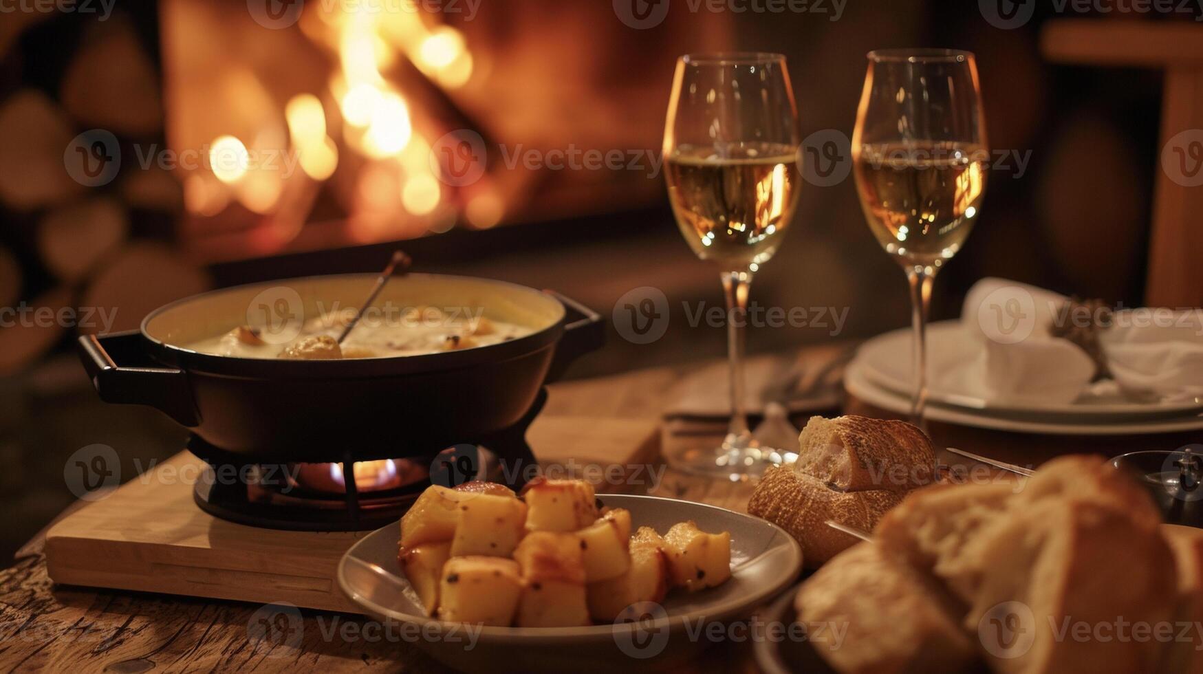 Get lost in the relaxing ambiance of a quiet night in with the focal point being a bubbling pot of savory fondue and a roaring fire to keep you warm and toasty photo