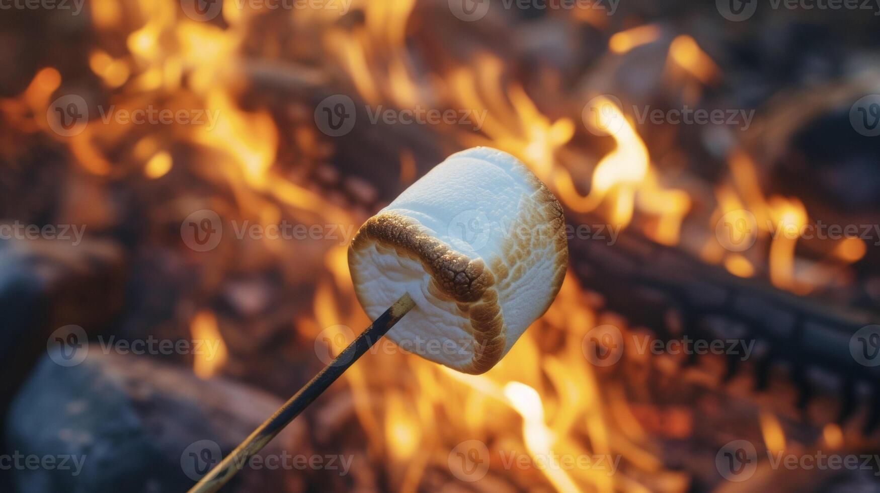 A plump marshmallow skewered on a stick and held over the glowing embers of a campfire slowly turning golden brown and gooey photo