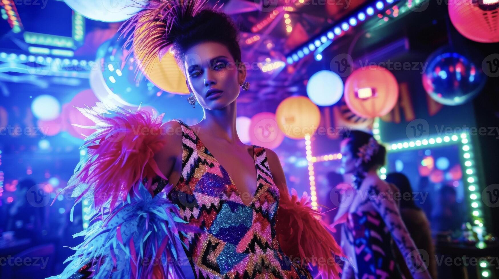 A bold geometric patterned dress with a deep neckline and long fringe detailing. Paired with a feather boa and a faux fur shrug. The background is a lively nightclub wit photo