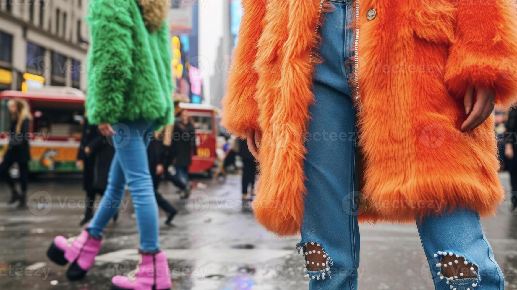 A vibrant colored faux fur coat paired with ripped skinny jeans and platform sandals creating a bold and eyecatching street style look. The background is a bustling city squar photo
