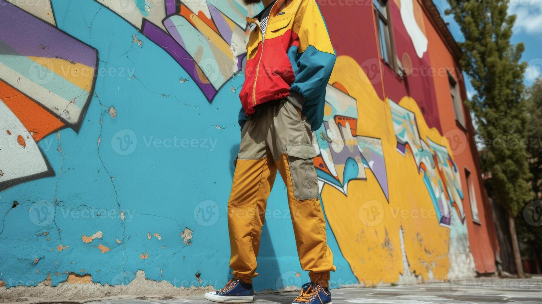 This outfit features a bold and colorful windbreaker paired with relaxedfit cargo pants and classic skate shoes. Perfect for a day of skating or just hanging out with friends photo