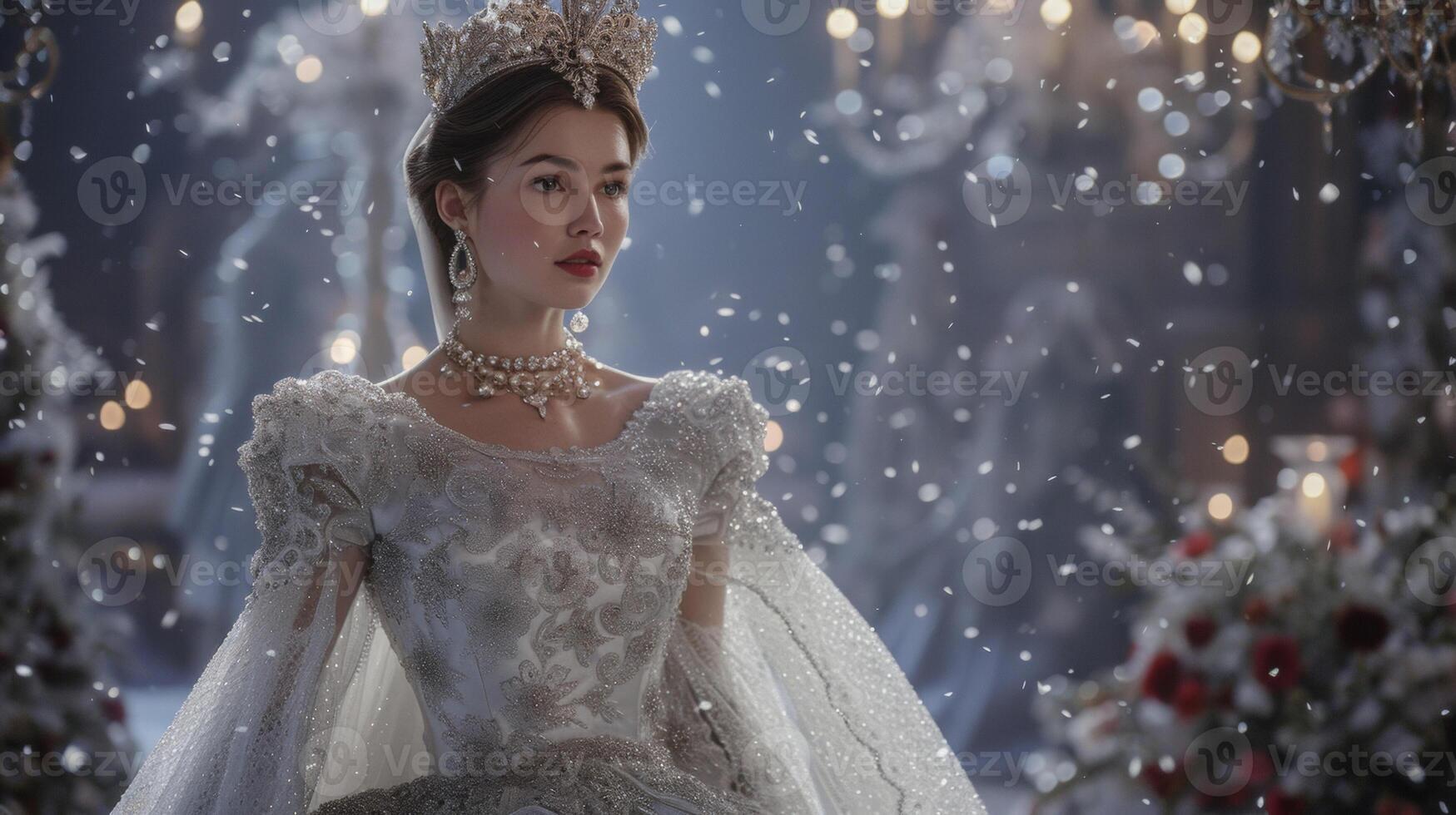 A shimmering white and silver ballgown embellished with delicate lace evoking the image of a snowcovered palace. The queen wears a crown of crystals and pearls embracing he photo