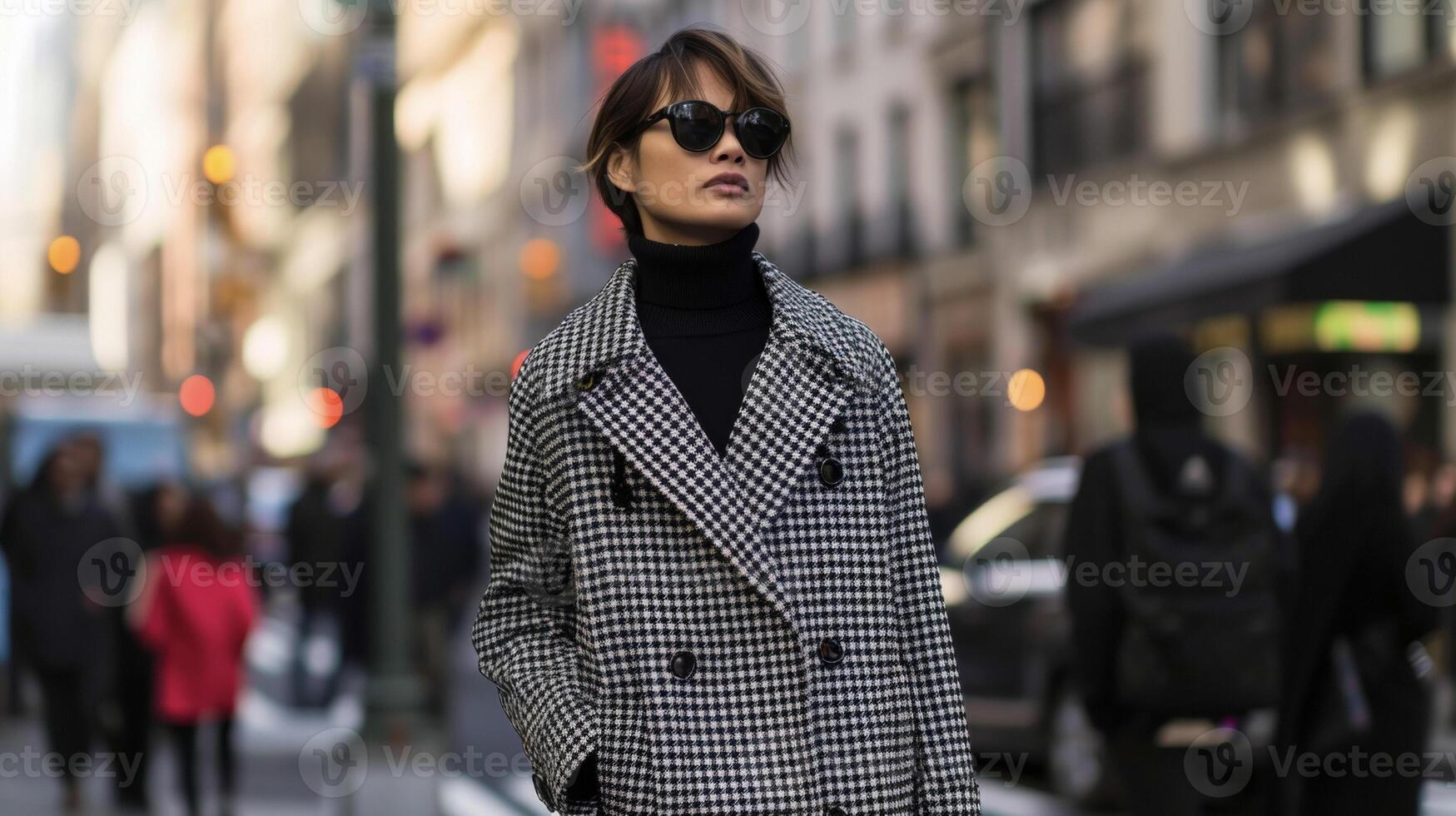 A black and white houndstooth print trench coat layered over a black turtleneck and trouser combo giving off a refined and sophisticated vibe against a bustling city street photo