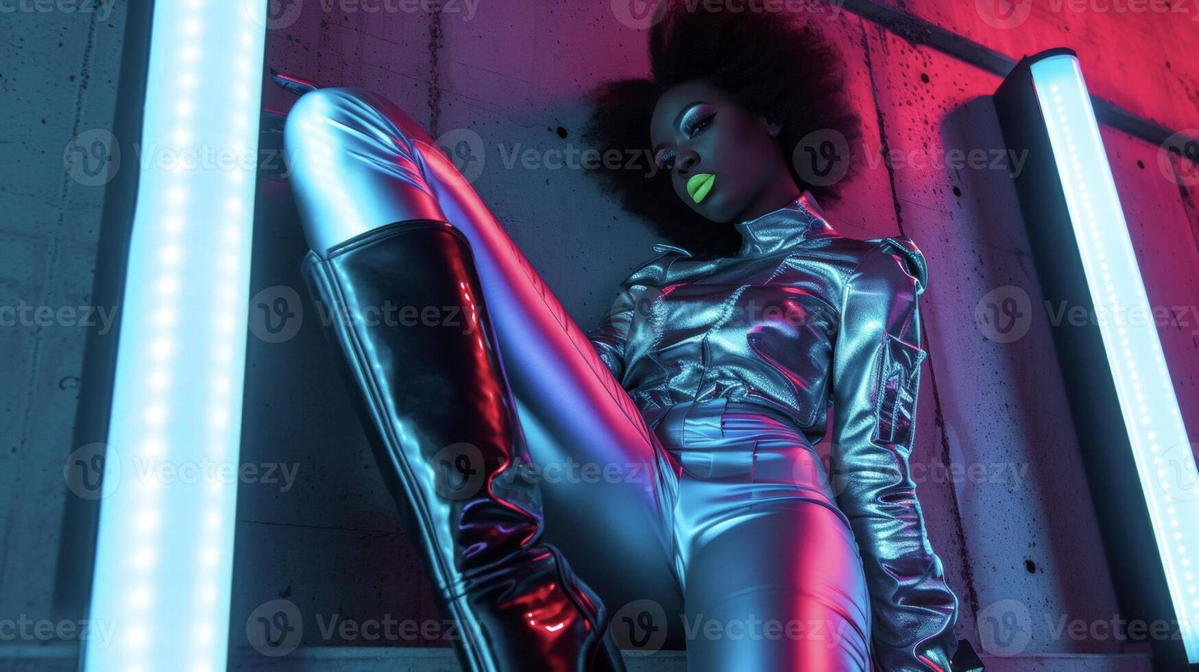 This cybergoth outfit is equal parts futuristic and elegant with a stunning silver metallic jumpsuit and kneehigh patent leather boots. A neon green lip adds a pop of colo photo