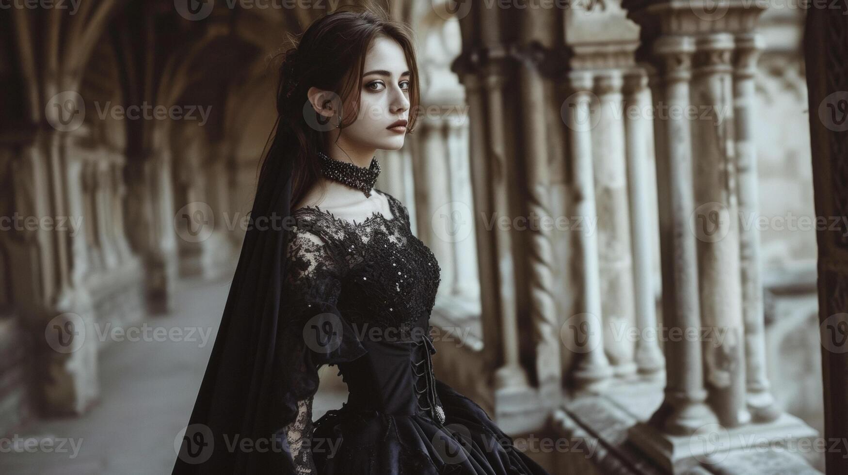 A NeoGothic look fit for a queen featuring a sweeping velvet cape a beaded choker and a black tulle ballgown with delicate lace overlay. Perfect for a high fashion editoria photo