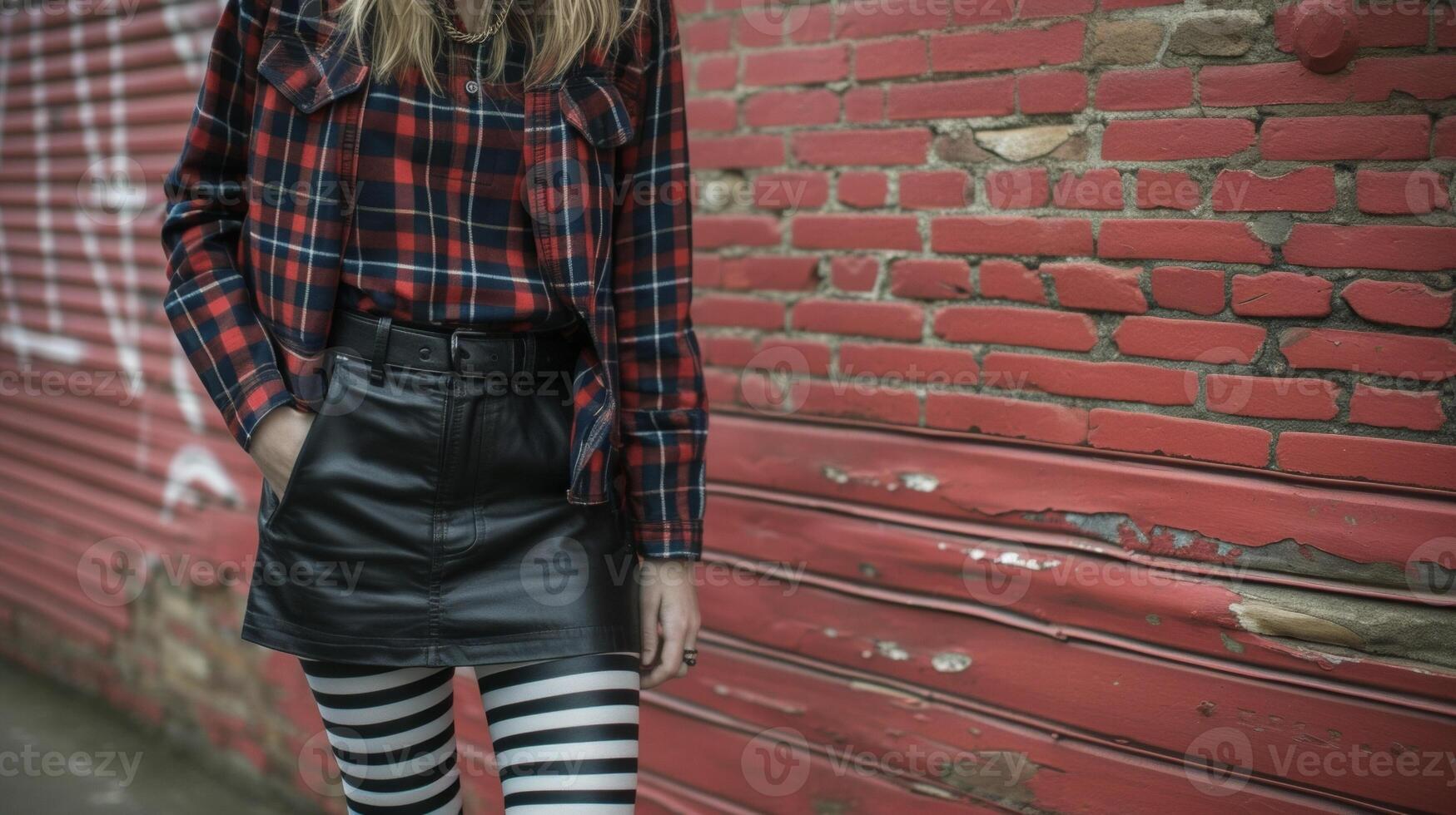 Get creative with your punk style by mixing and matching different patterns and textures. A plaid shirt paired with a leather skirt and bold striped tights creates a oneofakin photo