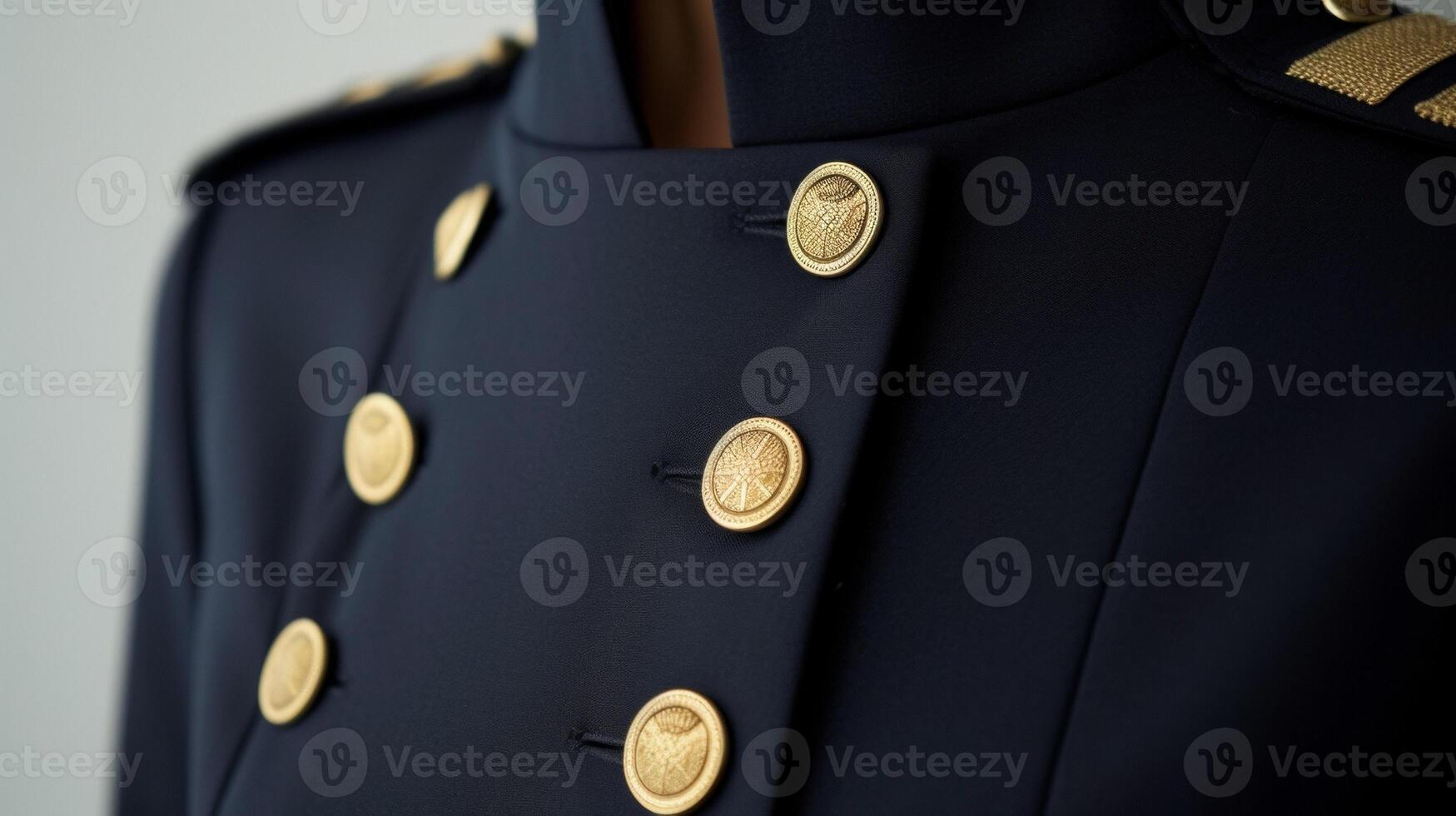 A navy blue midi dress with gold buttons and epaulettes capturing the elegance and strength of military fashion. Perfect for a lunch meeting with important clients photo
