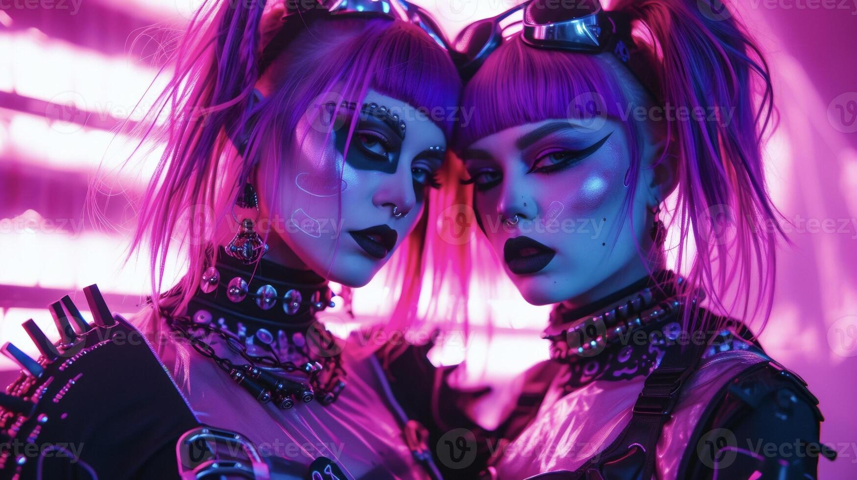 Looking like they stepped out of a scifi movie this cybergoth duo rocks matching metallic bodysuits and neon purple hair. Metallic face paint and bold black accessories complet photo