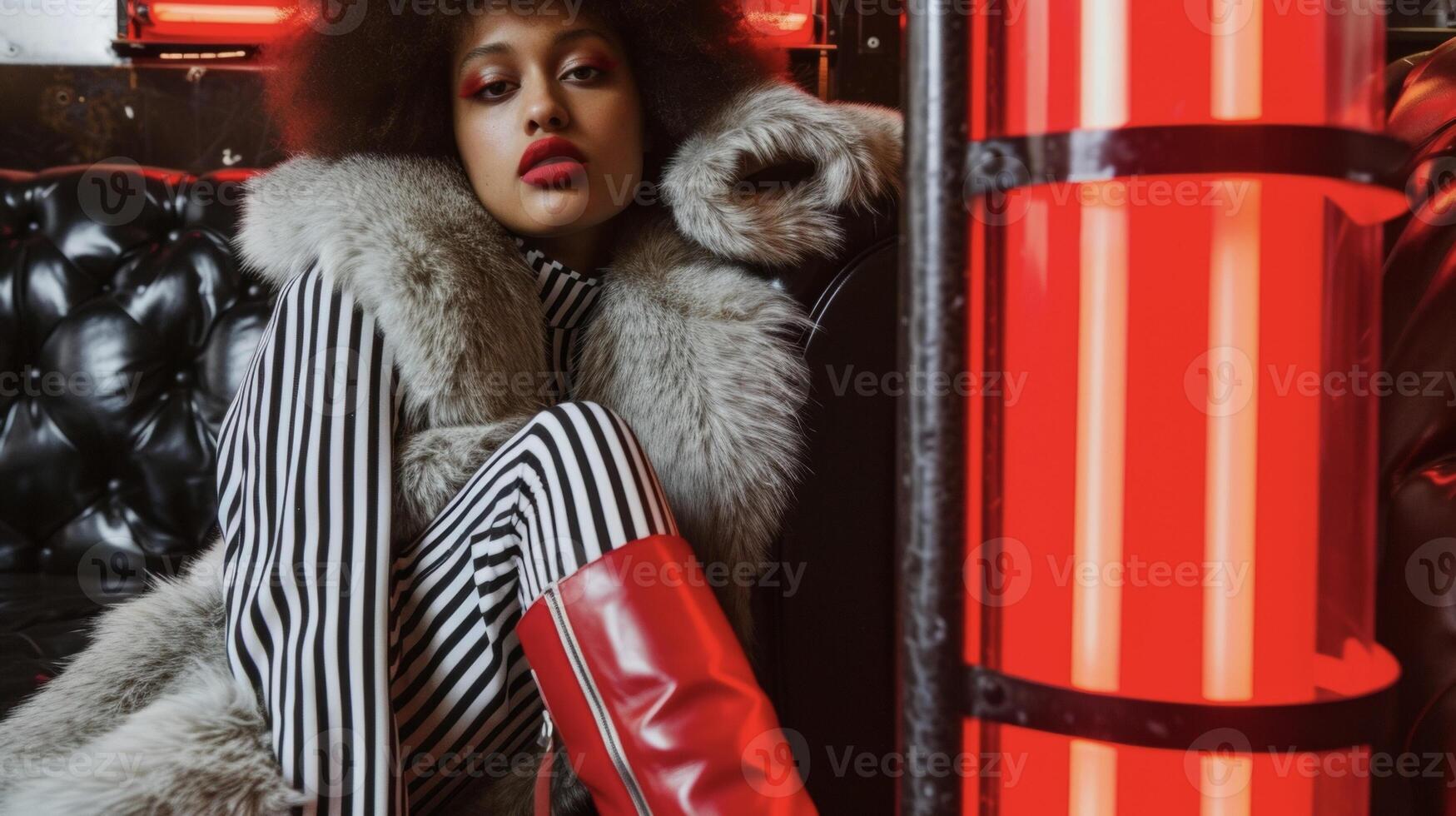 A black and white striped jumpsuit with an oversized collar paired with red platform boots and a faux fur coat. This retro look is perfect for a night of dancing at a disc photo