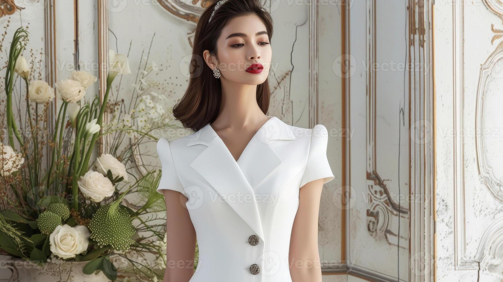A structured white midi dress with a statement collar and bold buttons oozes retro glamour ideal for a fancy dinner party in a grand ballroom photo