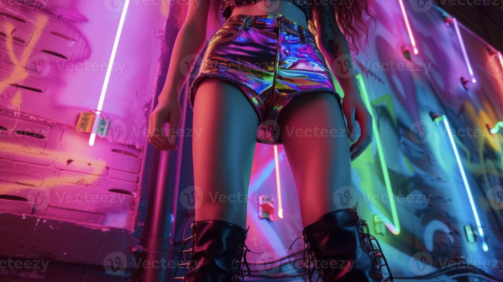 Taking a cue from the underground rave scene this cybergoth outfit features a crop top with a bold neon print paired with a vinyl mini skirt and chunky black boots. A matchin photo